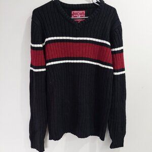 Bongo Jeans brand black long-sleeved ribbed sweater red white striped Men's L